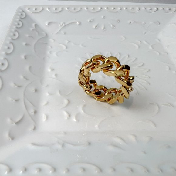 Gold Plated Cuban Chain Ring Gold Trendy Big Ring Size 7 - Picture 10 of 10